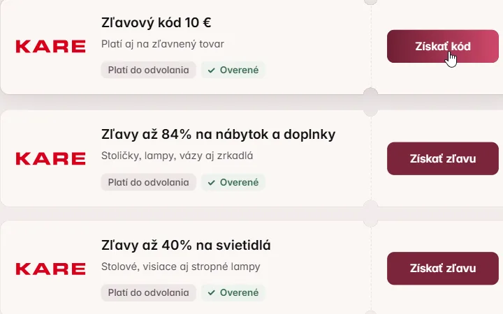 Karta s kódom na 10 € do KARE a tlačidlo Získať kód