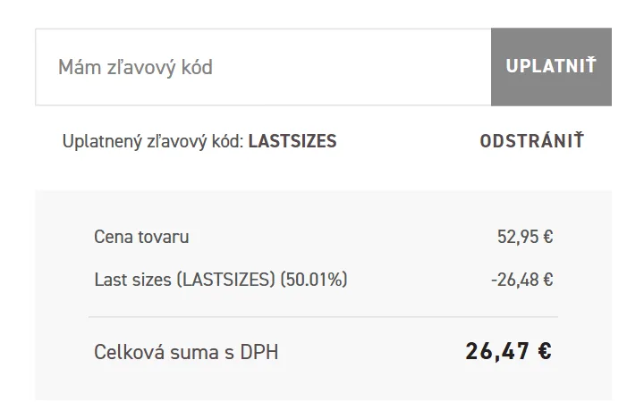 Riadok Uplatnený zľavový kód a polovičná zľava v súhrne slovenského košíka Horsefeathers