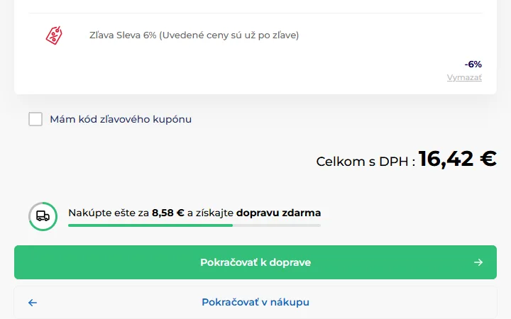 Riadok so šesťpercentnou zľavou a nižšia suma Celkom s DPH na tvrdeneskla.eu