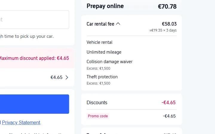 Časť Discounts s odpočítanou sumou v eurách v pokladni Trip.com