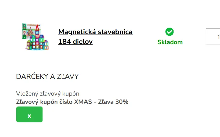Vložený zľavový kupón s 30 % a zelené tlačidlo x pod ním v košíku Ministerstva hračiek
