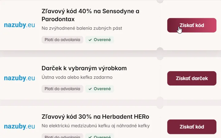 Ponuka kódu na pasty Sensodyne a Parodontax pre Nazuby s kurzorom na tlačidle