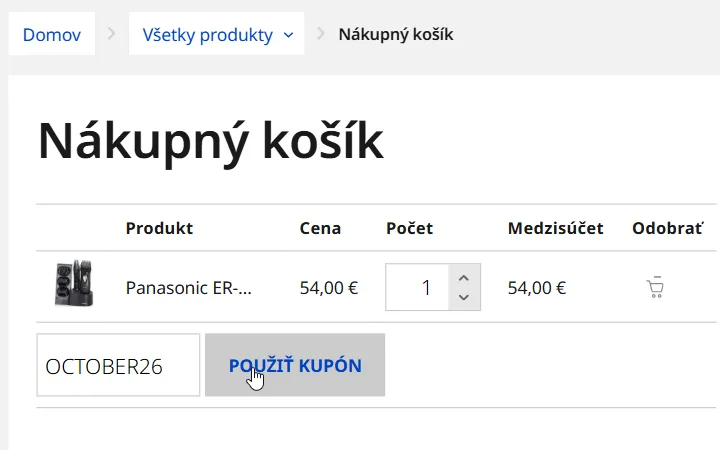 Košík Panasonic so sadou na strihanie za 54 €, vpísaným kódom a kurzorom na Použiť kupón