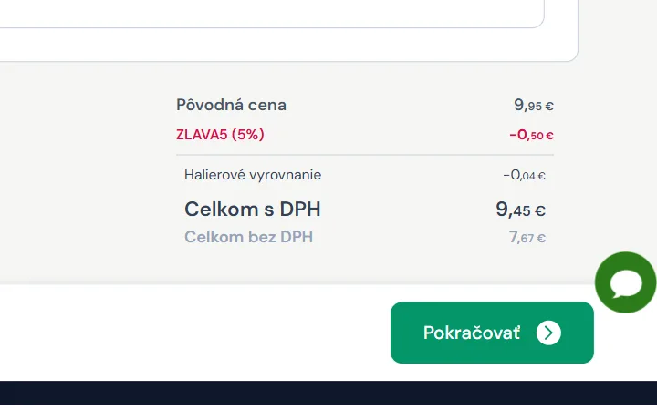 Červený riadok so zľavou 5 % a nižšia suma Celkom s DPH v košíku Manboxeo