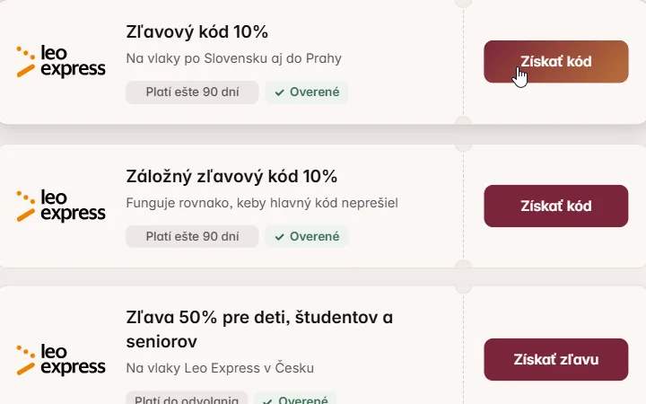 Kurzor na tlačidle Získať kód pri karte Leo Express s 10 % zľavou na vlaky