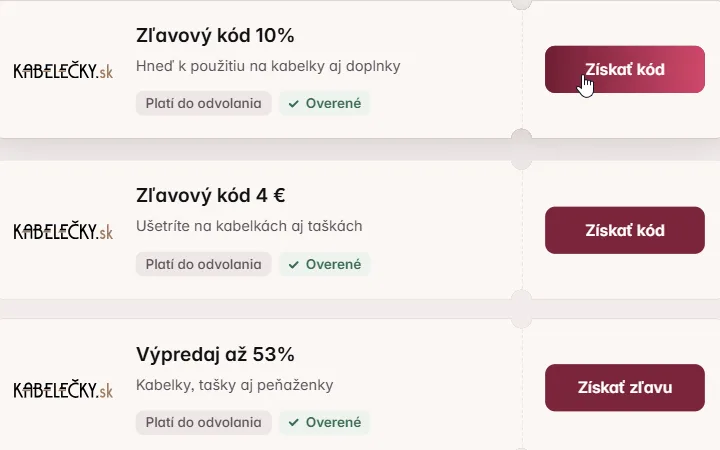 Karta zľavového kódu Kabelečky.sk na kabelky a doplnky s kurzorom na Získať kód