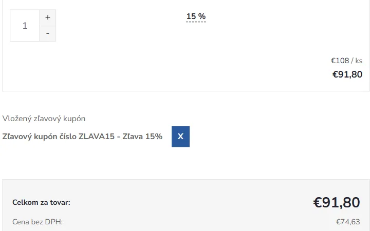 Časť Vložený zľavový kupón so zľavou 15 % a celkovou sumou 91,80 € v košíku Jeans-shopu