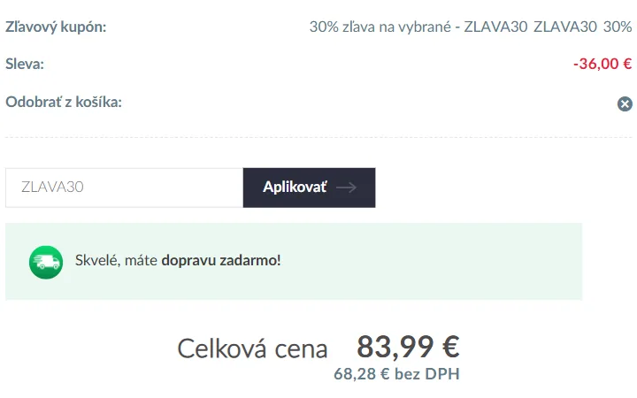Riadok Zľavový kupón s 30 % a mínus 36 € nad políčkom na kód, nižšie Celková cena 83,99 € v košíku Home & Cook