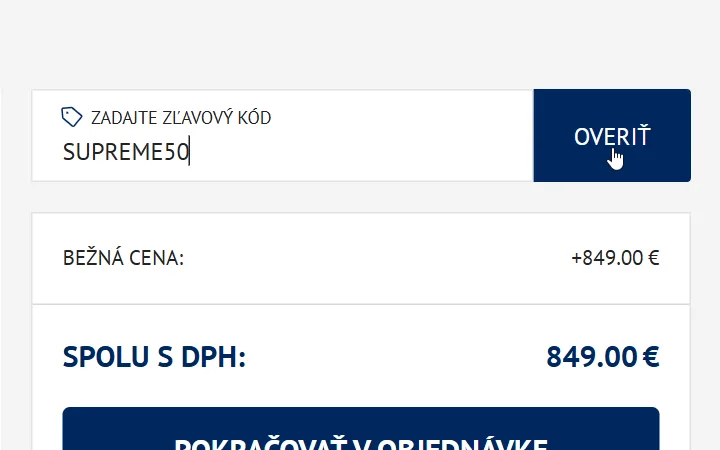 Zľavový kód vpísaný do poľa Zadajte zľavový kód v košíku Dormeo