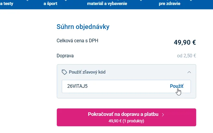 Pole na zľavový kód v súhrne objednávky v Unizdrave s kurzorom nad tlačidlom Použiť