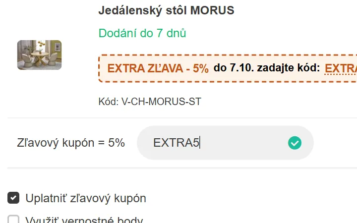 Zelená fajka pri kóde a riadok Zľavový kupón = 5% v košíku Inpostele