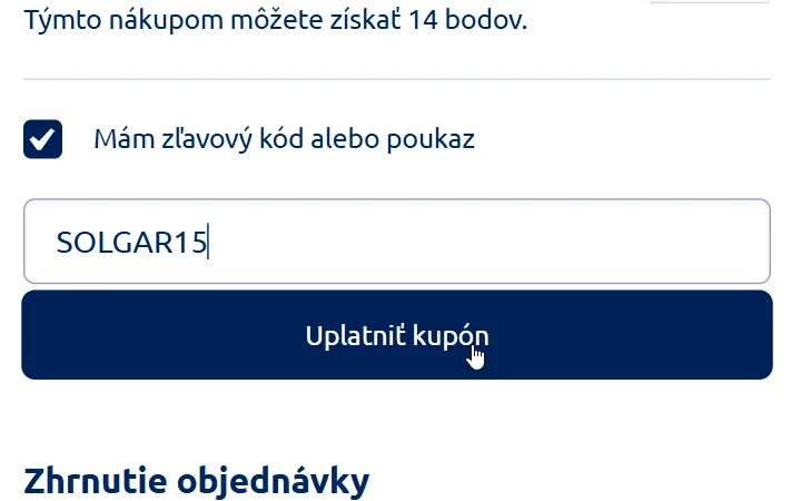 Zaškrtnuté políčko Mám zľavový kód alebo poukaz a tlačidlo Uplatniť kupón