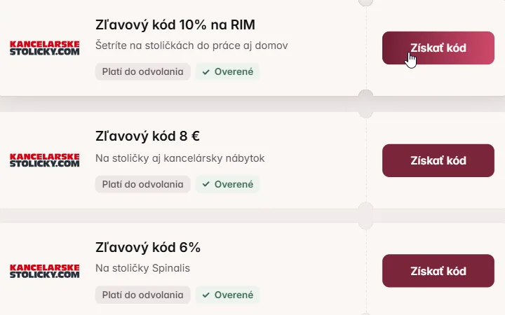 Karta s 10 % kódom na stoličky RIM a kurzor na Získať kód, pod ňou karty 8 € a 6 %