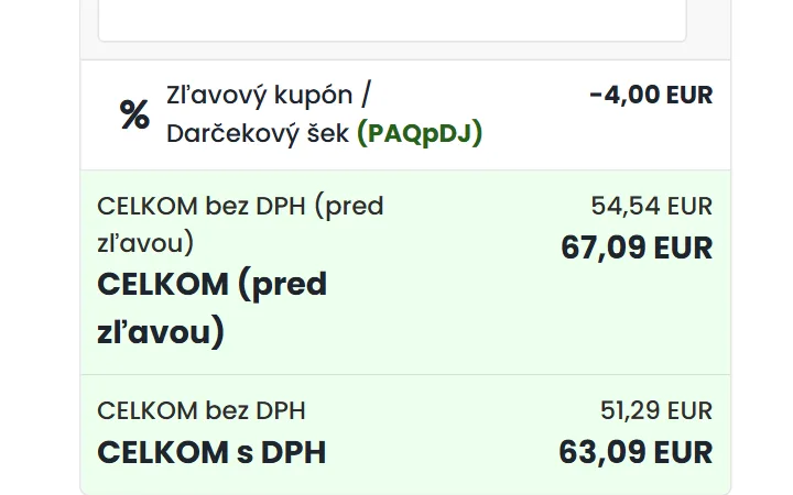 Súhrn objednávky Zafido s odpočtom 4 eurá a nižšou cenou s DPH