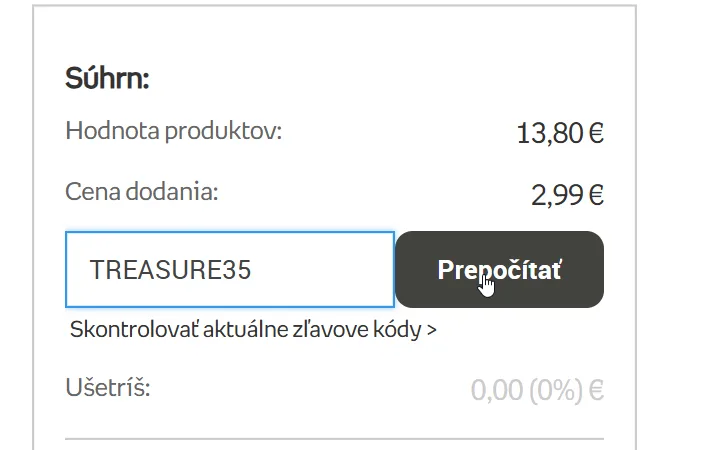 Pole s vpísaným kódom pod cenou dodania 2,99 € a kurzor na tlačidle Prepočítať v košíku Empik Foto