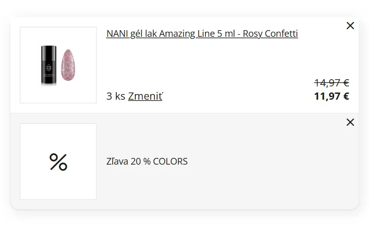 Prečiarknutá cena 14,97 € nad 11,97 € a riadok Zľava 20 % s názvom kódu v košíku NaniNails