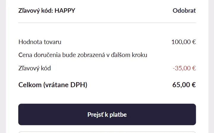 Názov uplatneného kódu a odpočítaná zľava nad sumou Celkom v zhrnutí košíka Modivo
