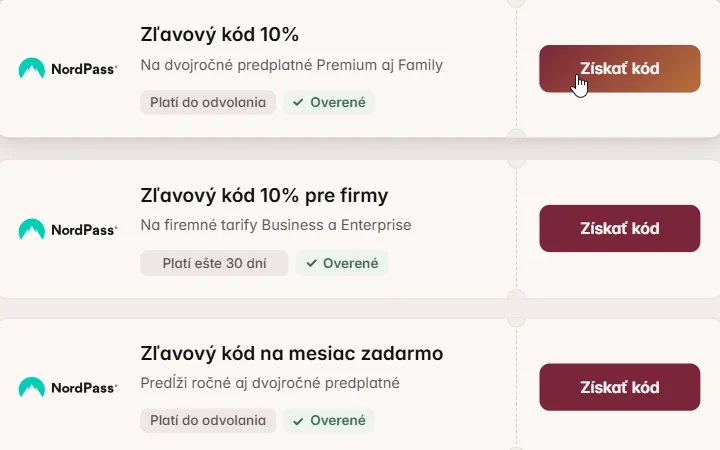 Kupón s kódom na 10 % pre NordPass a kurzor nad tlačidlom Získať kód