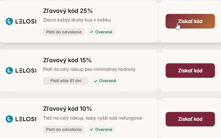 Kurzor myši nad „Získať kód“ pri 25 % zľave LELOSI na každý druhý kus