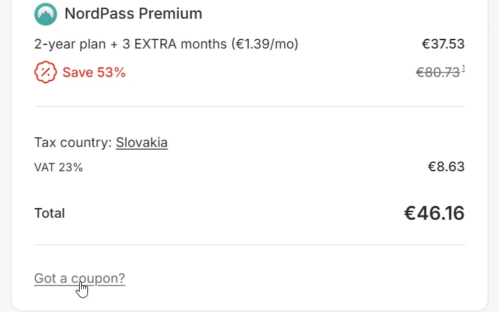 Pokladňa NordPass Premium s DPH 23 % pre Slovensko a odkazom Got a coupon