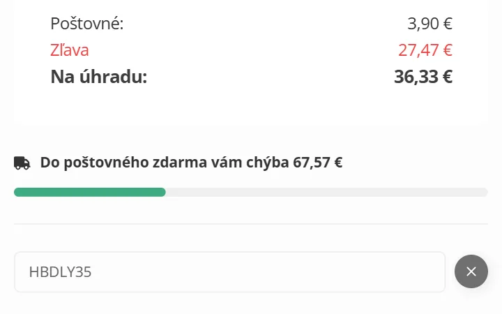Uplatnený kód s krížikom pod lištou poštovného a zľava 27,47 € v súhrne objednávky Golden Tree