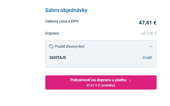 Uplatnený kód a znížená celková cena s DPH v košíku Unizdravu