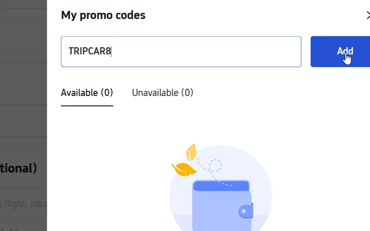 Okno My promo codes s vpísaným kódom na prenájom auta z Trip.com