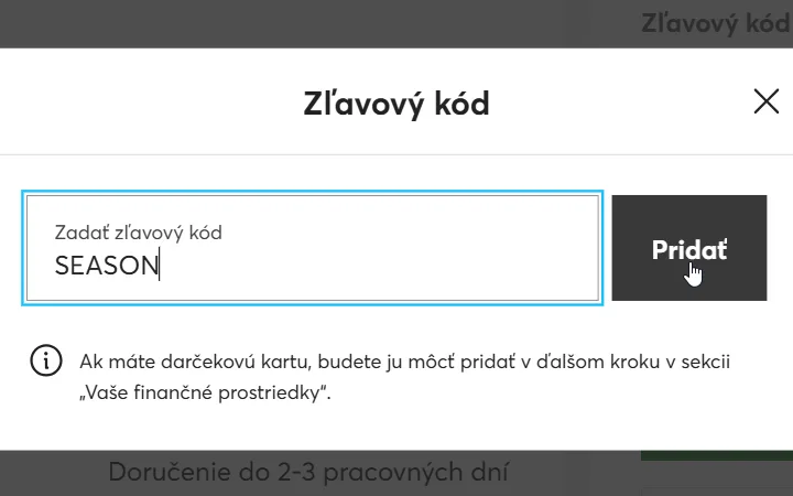 Okno Zľavový kód v košíku eobuv.sk s vyplneným kódom a tlačidlom Pridať