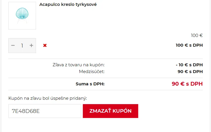 Odpočet 10 € v riadku Zľava z tovaru na kupón pri kresle Acapulco