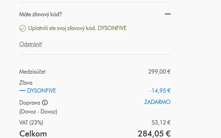 Zelené hlásenie o uplatnenom kóde a riadok Zľava v súhrne objednávky na Dyson.sk