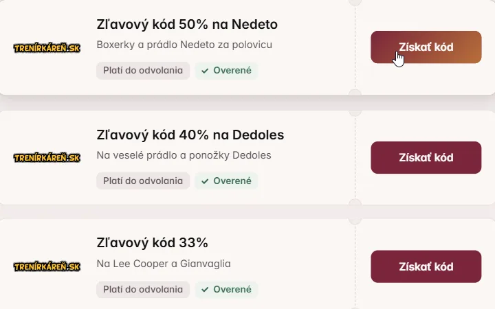 Kódy pre Trenírkáreň na Nedeto, Dedoles a Lee Cooper s kurzorom na prvom tlačidle