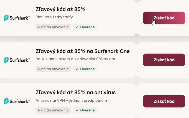 Kurzor nad tlačidlom Získať kód pri karte zľavového kódu na Surfshark