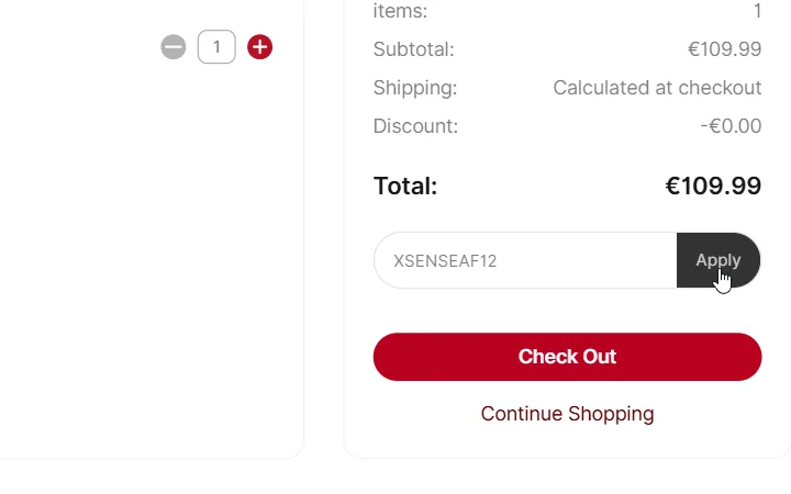 Kód vpísaný do poľa Discount code v košíku eu.x-sense.com
