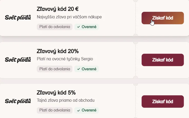 Karta s kódom na 20 € pre Svět plodů a kurzor nad Získať kód