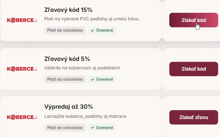 Kupón s kódom na 15 % pre Koberce.sk, kurzor na tlačidle Získať kód