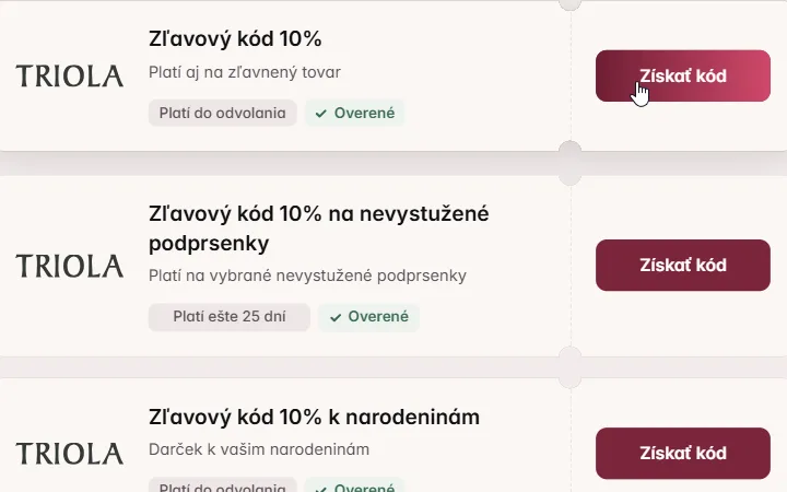 Karta desaťpercentného kódu na Triolu s kurzorom nad Získať kód