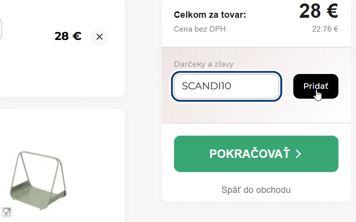 Pole Darčeky a zľavy s vpísaným kódom a kurzorom na tlačidle Pridať na scandishop.sk