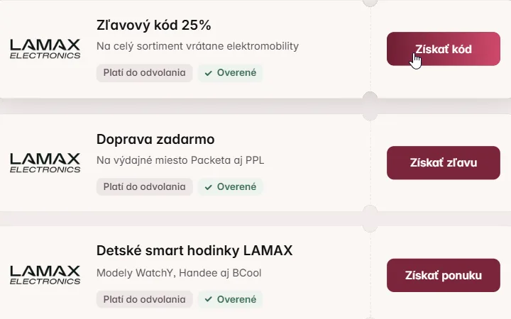 LAMAX: karta Zľavový kód 25% s kurzorom na tlačidle Získať kód