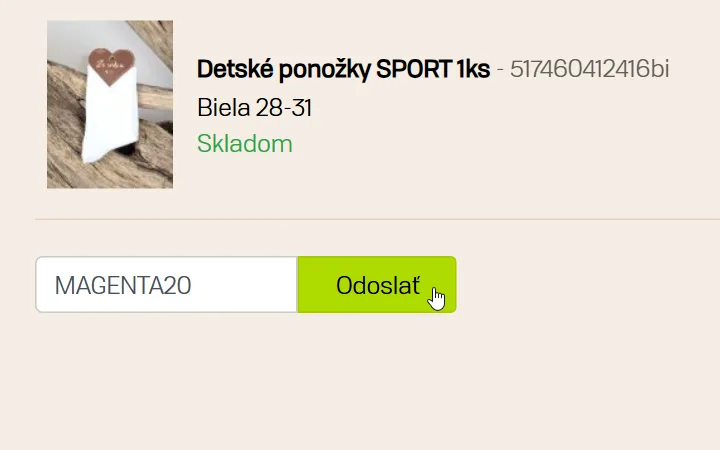 Pole Zadajte kupón s vpísaným kódom a zelené tlačidlo Odoslať pod detskými ponožkami v košíku Japitexu