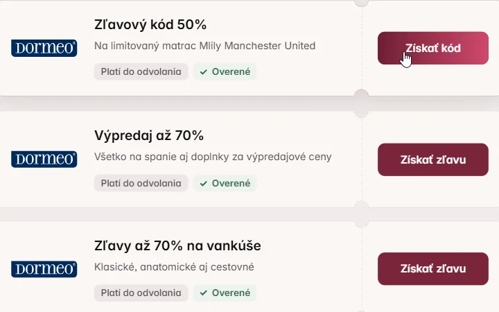 Kupón Dormeo s 50 % zľavou a kurzor na tlačidle Získať kód