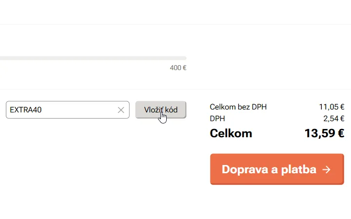 Pole na zľavový kód a tlačidlo Vložiť kód v košíku Nazuby.eu