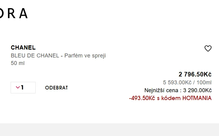 Červený riadok so zľavou z kódu pod cenou parfumu v košíku Sephory