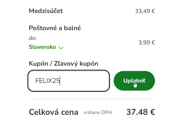Súhrn košíka Zoohitu s medzisúčtom 33,49 €, vpísaným kódom a zeleným tlačidlom Uplatniť