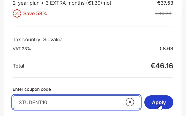 Kód vpísaný do poľa Enter coupon code a kurzor na modrom tlačidle Apply