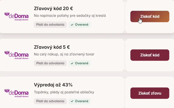 Kurzor na tlačidle Získať kód pri zľave 20 € na poťahy deDoma