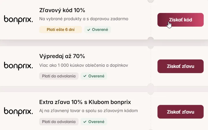Karta Bonprix s desaťpercentným kódom a kurzor na Získať kód