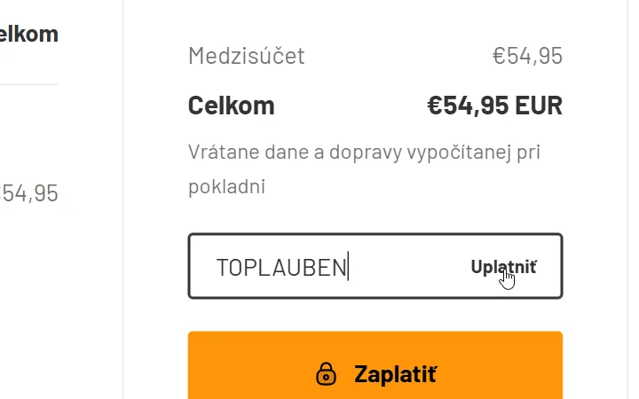 Košík Lauben: políčko s vpísaným kódom nad oranžovým tlačidlom Zaplatiť