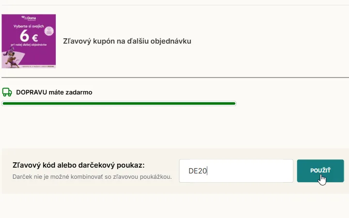 Pole na zľavový kód alebo darčekový poukaz s tlačidlom Použiť v košíku deDoma