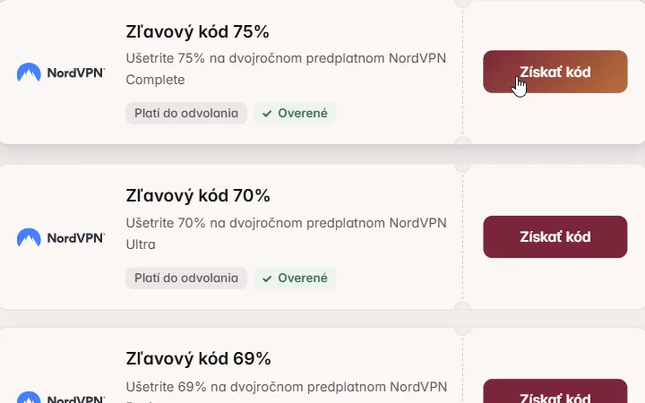 Kurzor nad tlačidlom Získať kód pri zľavovom kóde 75 % na NordVPN