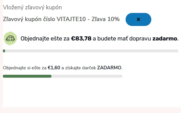 Uplatnený kupón 4KIDS s 10 % a modrým tlačidlom x na zrušenie, pod ním suma chýbajúca do dopravy zadarmo